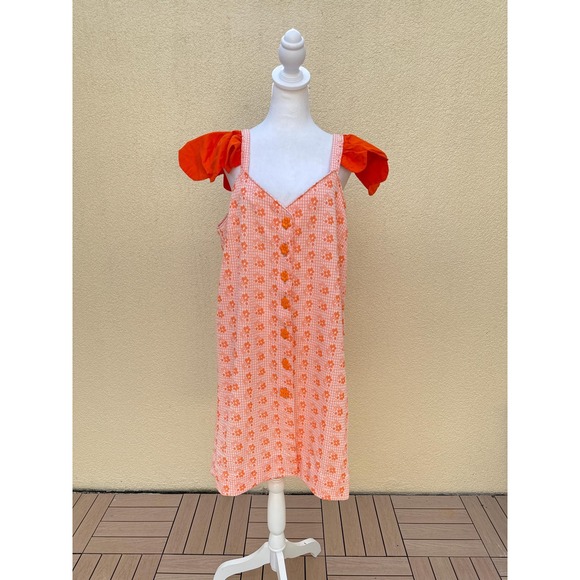 1960 Sleeveless orange floral button down cap sleeve dress - Picture 1 of 7